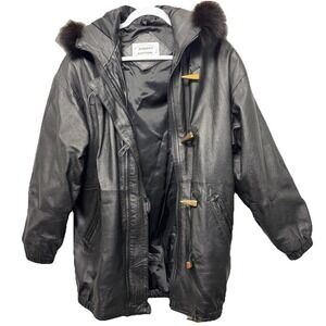 Vintage Black Leather Bomber Coat Women's‎ M Fur Trim Hooded Insulated Oversized